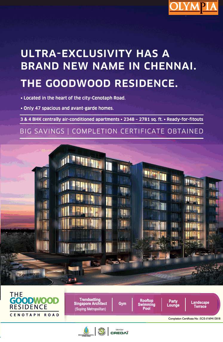 Only 47 spacious and avant grade homes at Olympia The Goodwood Residence in Chennai Update